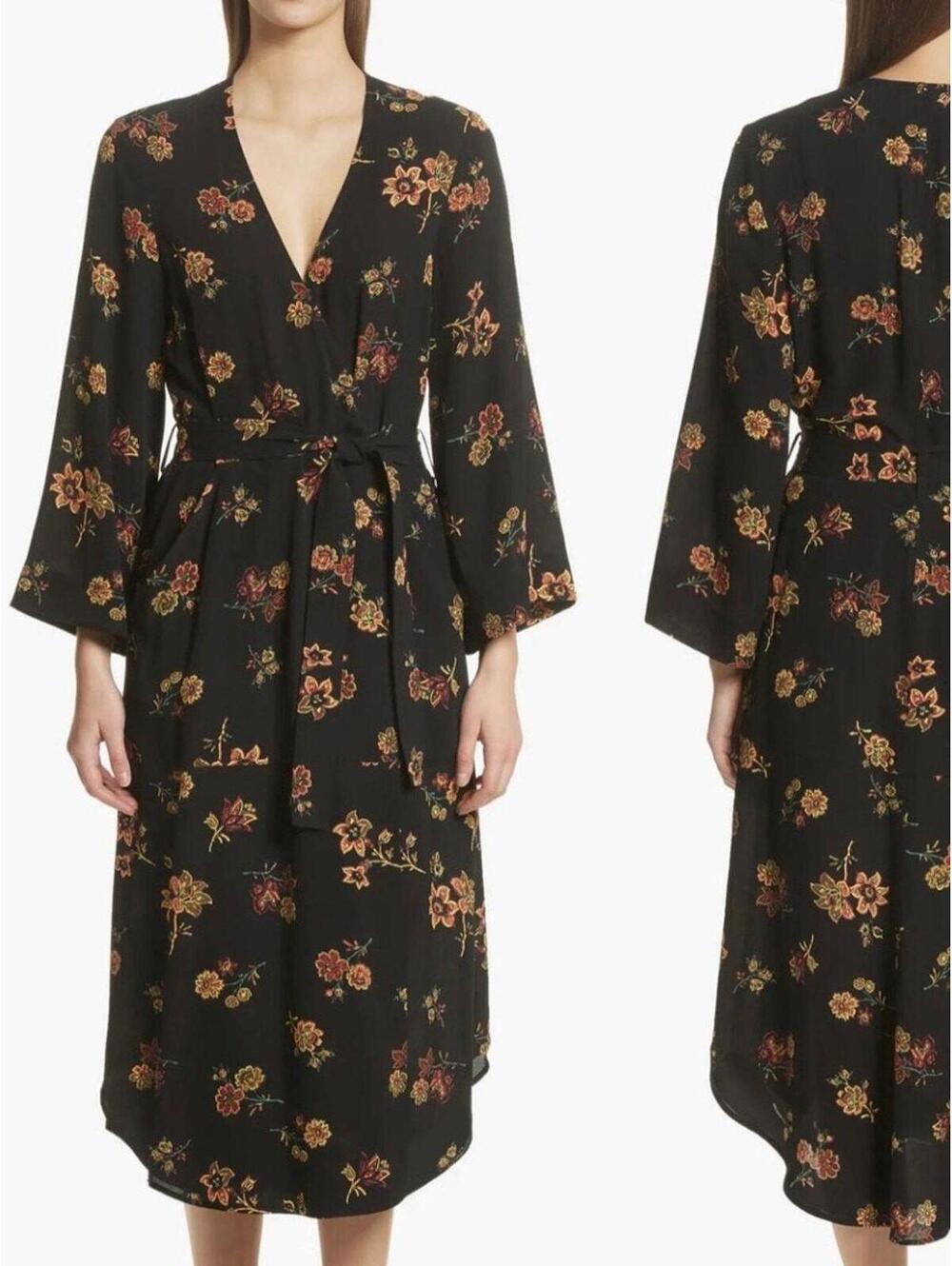 A.L.C. Wilma Silk Wrap Dress Black Floral Kimono Midi
